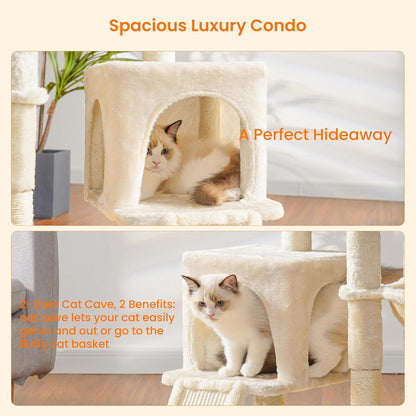Cat Tree with Cat Self Groomer Brush, Cat Tower Condo for Indoor Cats with Padded Plush Perch, Cat House with Basket Scratching Board Post, Beige HCT005SM